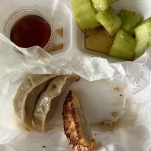 Pan fried chicken dumplings with cucumber salad.