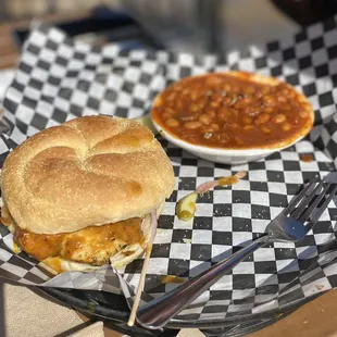 Grilled Chicken with BBQ gold sauce and Baked Beans.