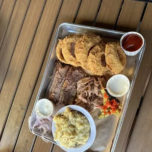 Garlic Mashed Potatoes Onion Rings Sliced Brisket Dinner Pulled Pork  Waist Watcher Combo