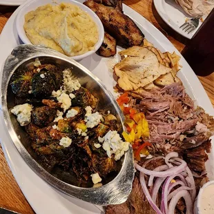 Phat Pig with Pork Belly, Turkey, Pulled Pork, Brisket, Mashed Potatoes, and Brussel Sprouts