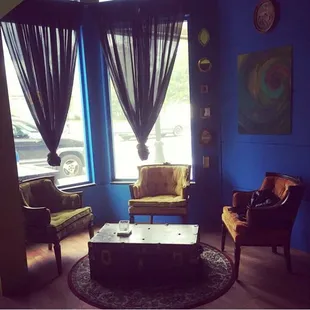 There's a cozy little reading corner with vintage chairs art books, board games and magazines.