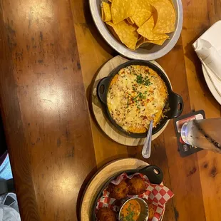 chips - chicken dip - hush puppies