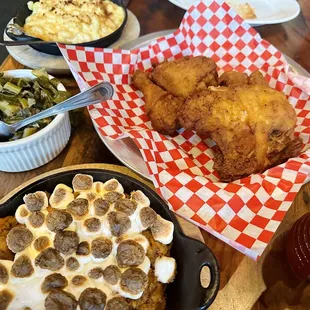 Chicken, Mac &amp; cheese, collards, and sweet potato casserole