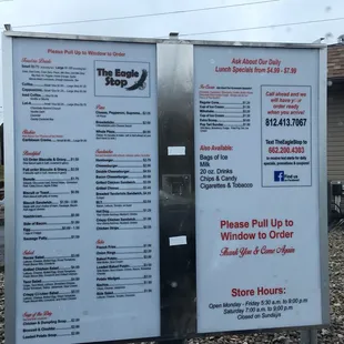a menu for the eagle stop