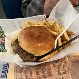 Bubba burger with fries. The largest burger on the menu!
