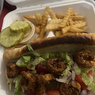 Burnt shrimp po boy and 13 fries