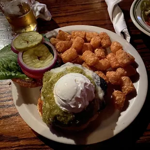 Black bean burger with tots