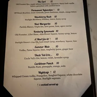 Right side of menu mixed drinks