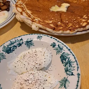pancakes and eggs on a plate