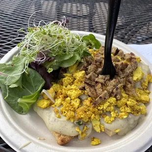 Delicious Tofu Scramble on a biscuit