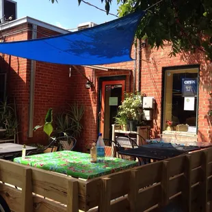 Outdoor seating in the back