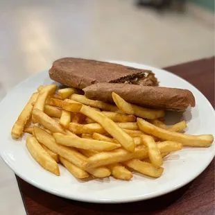 Churrasco Sandwich (Beefless Steak) on Wheat Bread with fries