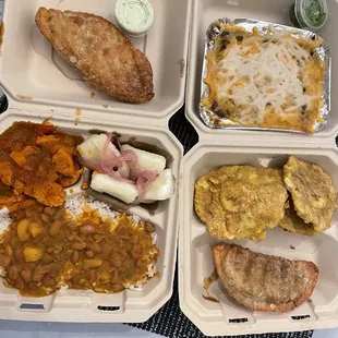Stewed Chikn Pastelon Beefless Empanada Chikn Empanada Yucca White Rice Beans Tostones (3)