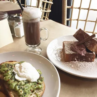Avocado and egg on toast, brioche french toast, blackberry mascarpone, custard dipped.