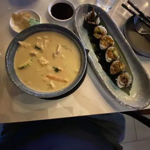 Green curry chicken and a Spider Roll. Both delicious!