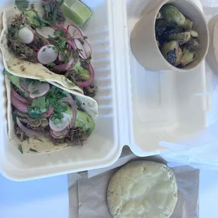 Braised chuck roast and pork shoulder tacos.  Brussels sprouts   Lemon Cookie