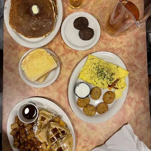 Belgian bird sandwich, loaded potato omelet, pancakes
