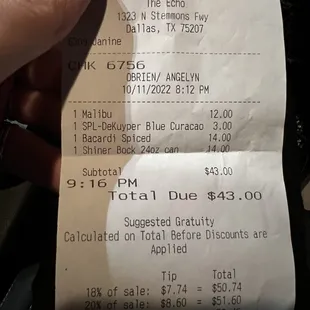 Receipt of horribly overpriced drink. (The Malibu/Bacardi/blue curaçao was all in one normal sized drink.)