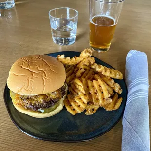 Smash burger, waffle fries.