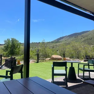 a view of the mountains from a restaurant