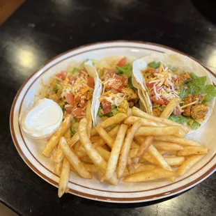 Chicken tacos and french fries instead instead of chips and salsa