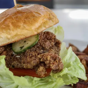 a burger and potatoes