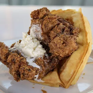 a fried chicken and waffle sandwich