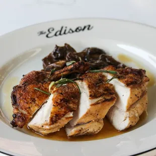 a plate of chicken and mushrooms