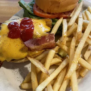Bacon cheeseburger and fries