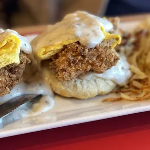Chicken and biscuits with gravy with eggs