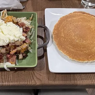 Meat lovers skillet with egg whites and pancakes