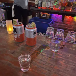 a variety of beverages on the bar