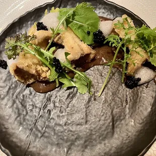 CRISP TEMPLE FARM MUSHROOM (soy reduction, black truffle pearls, rosemary essence, frisée)