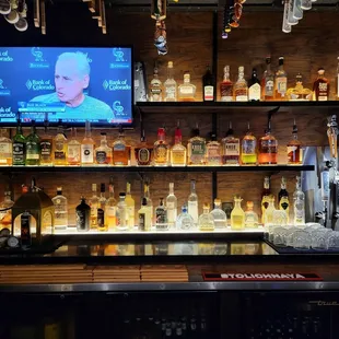 Bar top view Tequila and Whiskey.