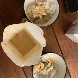 Split the rice up and chicken in two bowls. It was just liquid and a half greenbean cut in half.