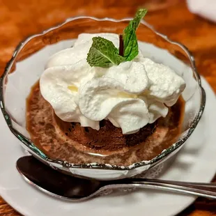 a chocolate dessert with whipped cream