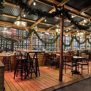 a restaurant decorated for christmas