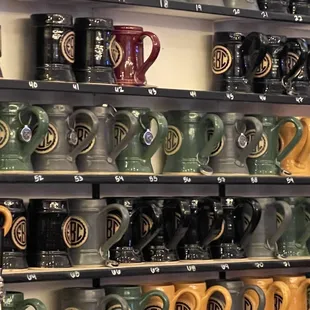 a wall of mugs