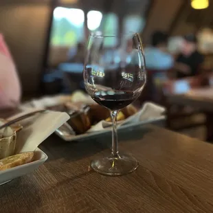 a glass of wine on a table