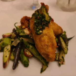 Fried Squash Blossoms ($14) house-made bourism cheese, brassicas, asparagus, leek salsa verde