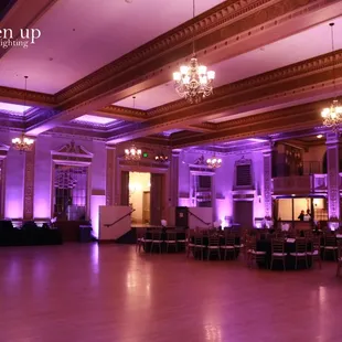 Elks Tower Sacramento Purple Uplighting with Custom Monogram | Brighten Up Event Lighting |  brightenupeventlighting.com