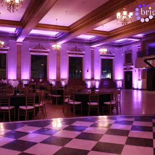 Elks Tower Sacramento Purple Uplighting with Custom Monogram | Brighten Up Event Lighting |  brightenupeventlighting.com