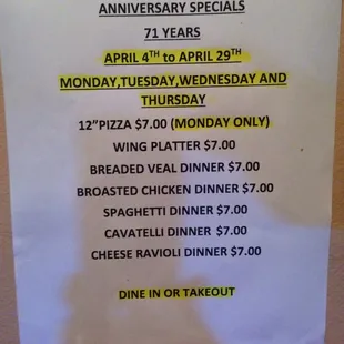 April 2016 75th anniversary menu specials