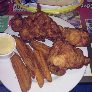 Wednesday special three piece Broasted chicken dinner, Broasted SEASONED fries, and a side of chicken gravy.