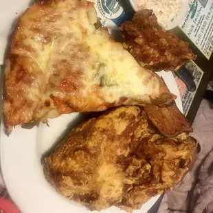 A slice of pizza &amp; a piece of delicious broasted chicken, last night was really good.