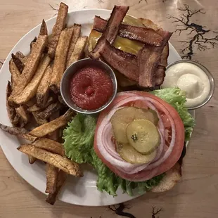 Bacon Cheese burger with hand cut fries and house made ketchup.
