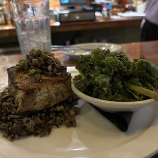 Grilled halibut with kale slaw