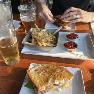 Steak sandwich and fries, Austin Cider &amp; Two Bells Ale