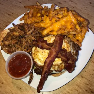 The Emory Burger with Cheddar Cheese Fries
