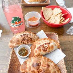 Cinci-Chili Empanada, Buenos Aires Empanada, Banana Empanada, Apple Empanada, Buffalo Chicken Empanada, Philly Empanada